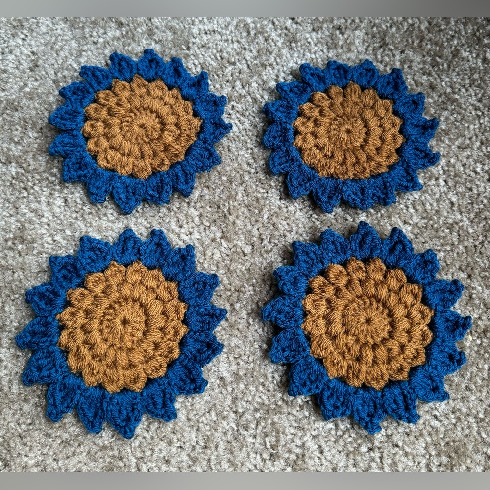 Handmade Crochet Sunflower Coasters Set of Four